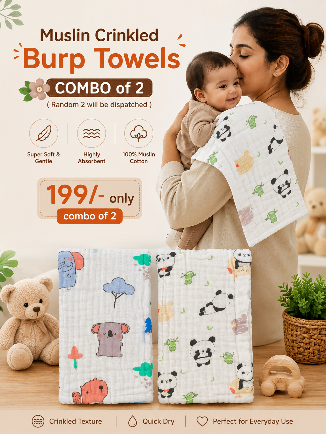 6 layer Crinkled Muslin Burp Towel for Babies, Soft Muslin Fabric.