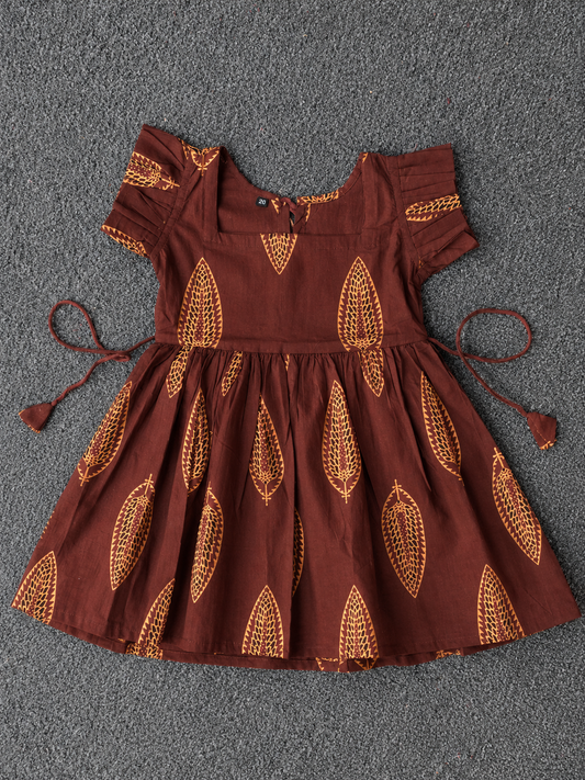 Cotton Frill Sleeve Frocks with Adjustable thread|1 to 9yrs| Rustic Leaves Frock