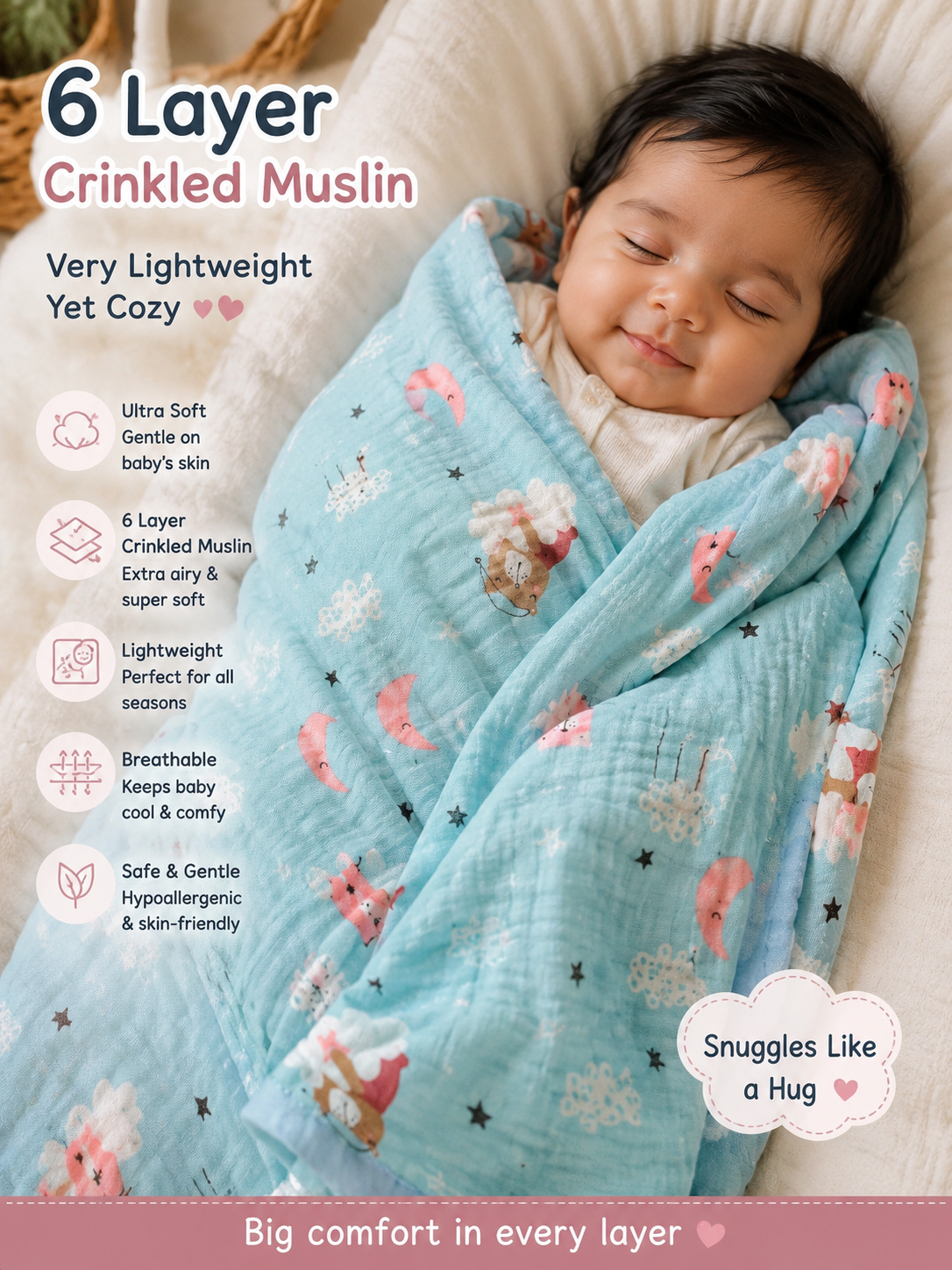 6 Layer Crinkled Muslin blankets | 110*110cms | Premium Muslin for baby and toddlers