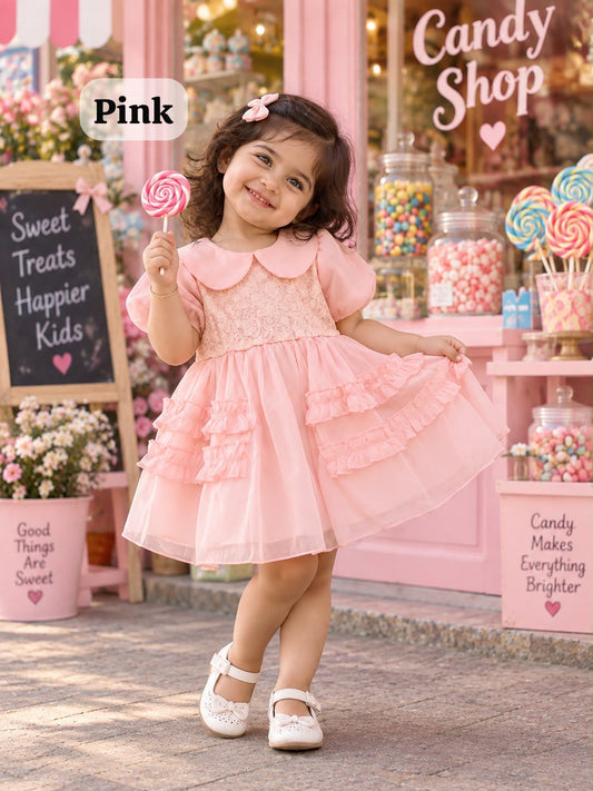 Korean petar pan collar lace pattern knee length frock (6m -2 years)
