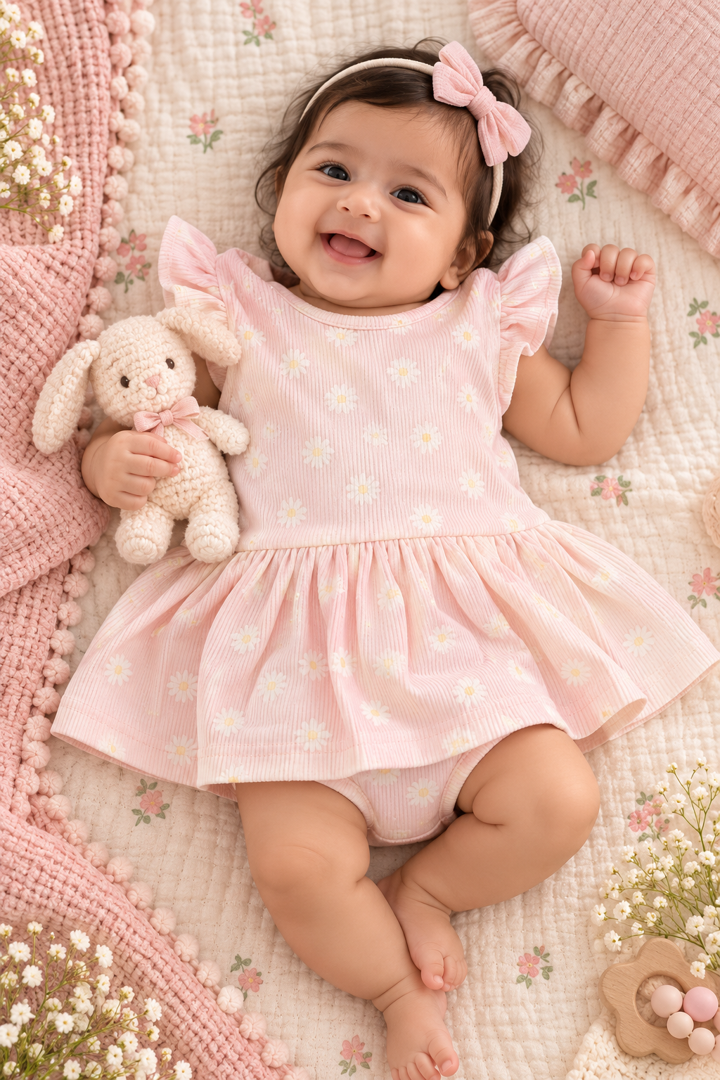Floral Ribbed Cotton Ruffle Rompers For 0 To 6 Months