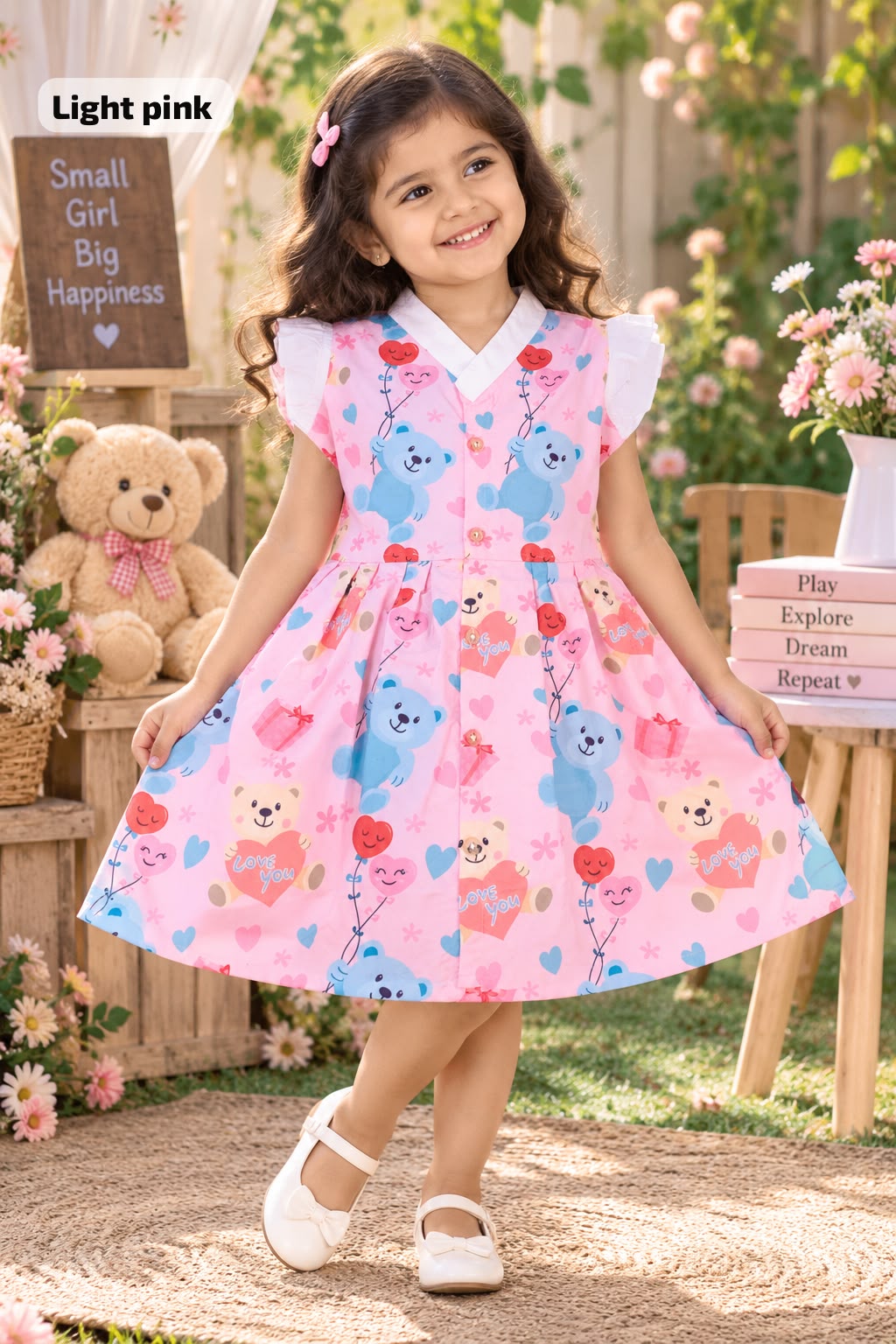 Ruffle Sleeve Frock 🎀 | V Neck | cotton | Teddy Bloom Frock 🧸🌸| 2-5 Years
