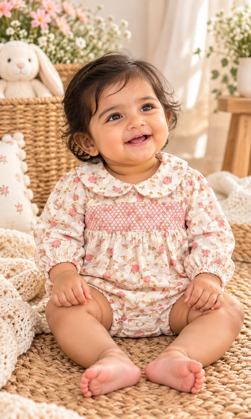 Baby Girl Pink Floral Printed Cotton Onesie with Peter Pan Collar ๐ธ, 0 To 18 Month
