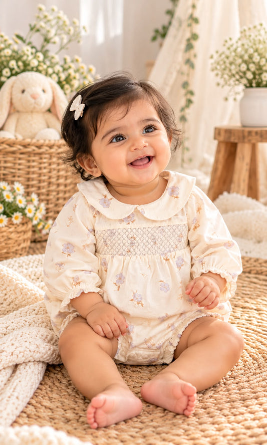 Baby Girl Pink Floral Printed Cotton Onesie with Peter Pan Collar ๐ธ, 0 To 18 Month