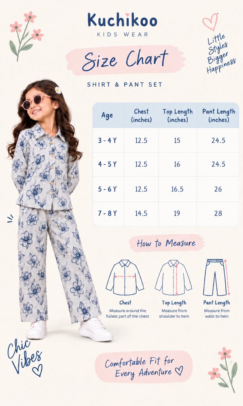 Size chart — Girls Collared palazzo cords , 3 yrs- 8yrs, Ultra Stylish Pant Sets (Buy 3 for 1100/-)