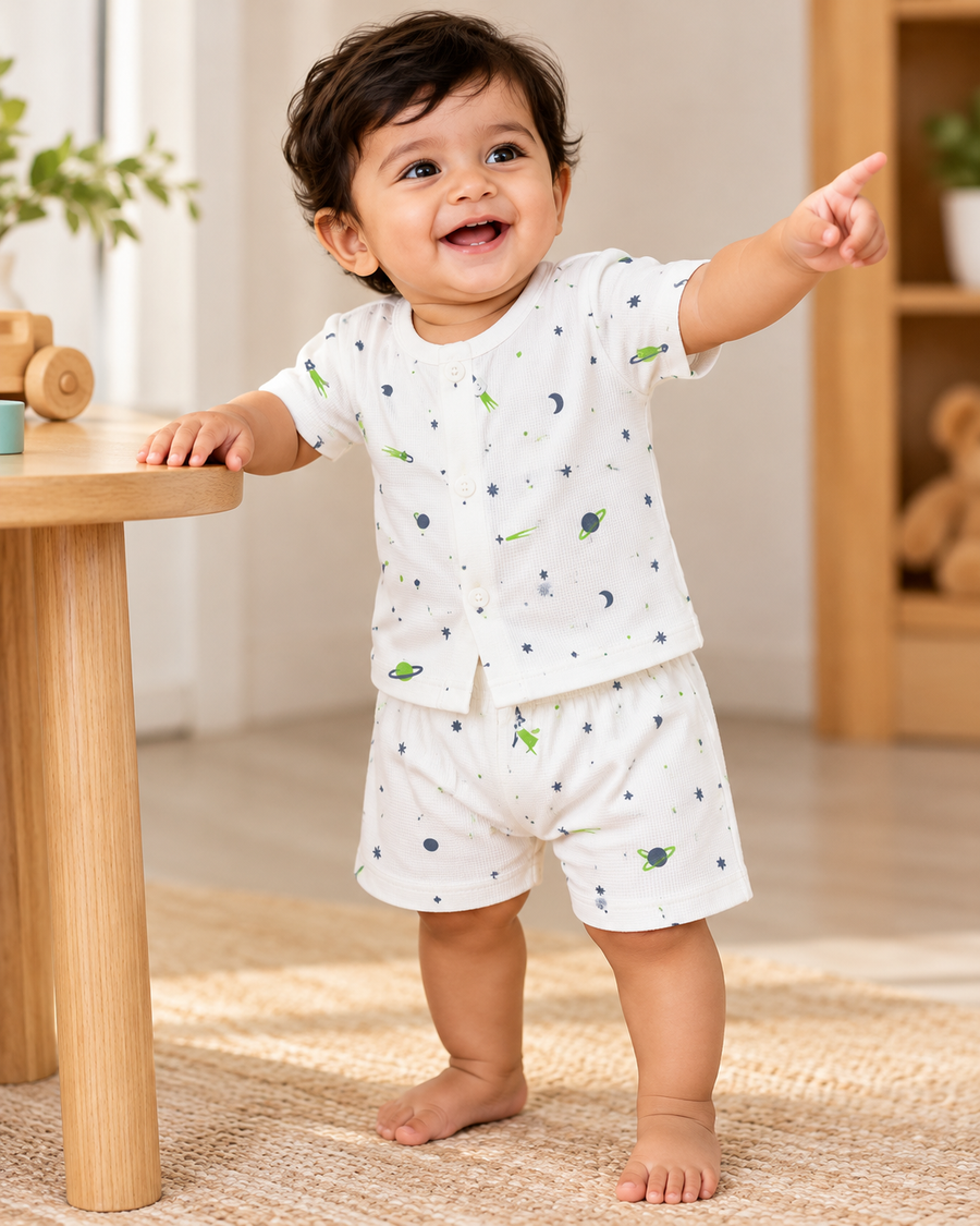 Printed Waffle Cotton Co-ord Set, Unisex, 6-12 months