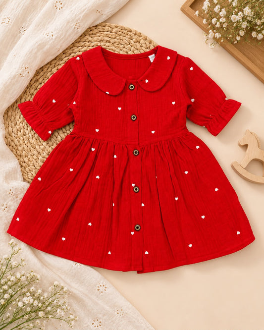 Muslin Peter Pan Collar Frock with Front Button Closure & 3/4 Elasticated Sleeves for Girls, 0 To 24 Months