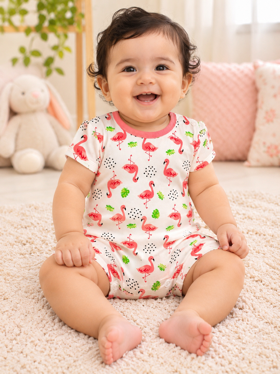 Flamingo Print Cotton Baby Romper , For 0 To 9 Months