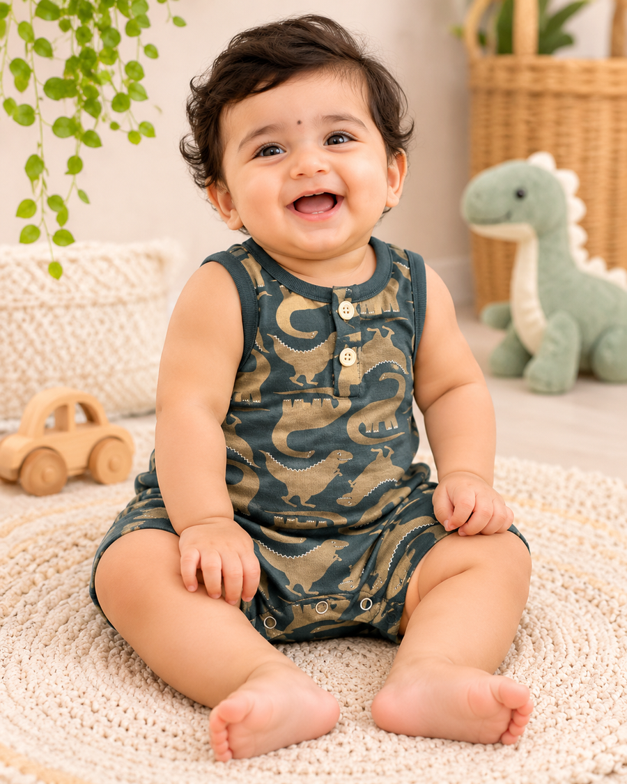 Sleeveless Dinosaur Print Baby Romper For 0-24 Months