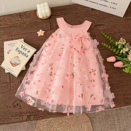 Girls Floral Tulle Bow Dress – Sleeveless Princess Party Dress for Little Girls
