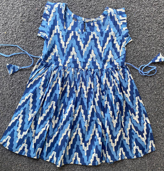 Cotton Frill Sleeve Frocks with Adjustable thread|1 to 9yrs| Ocean Ikat Frock