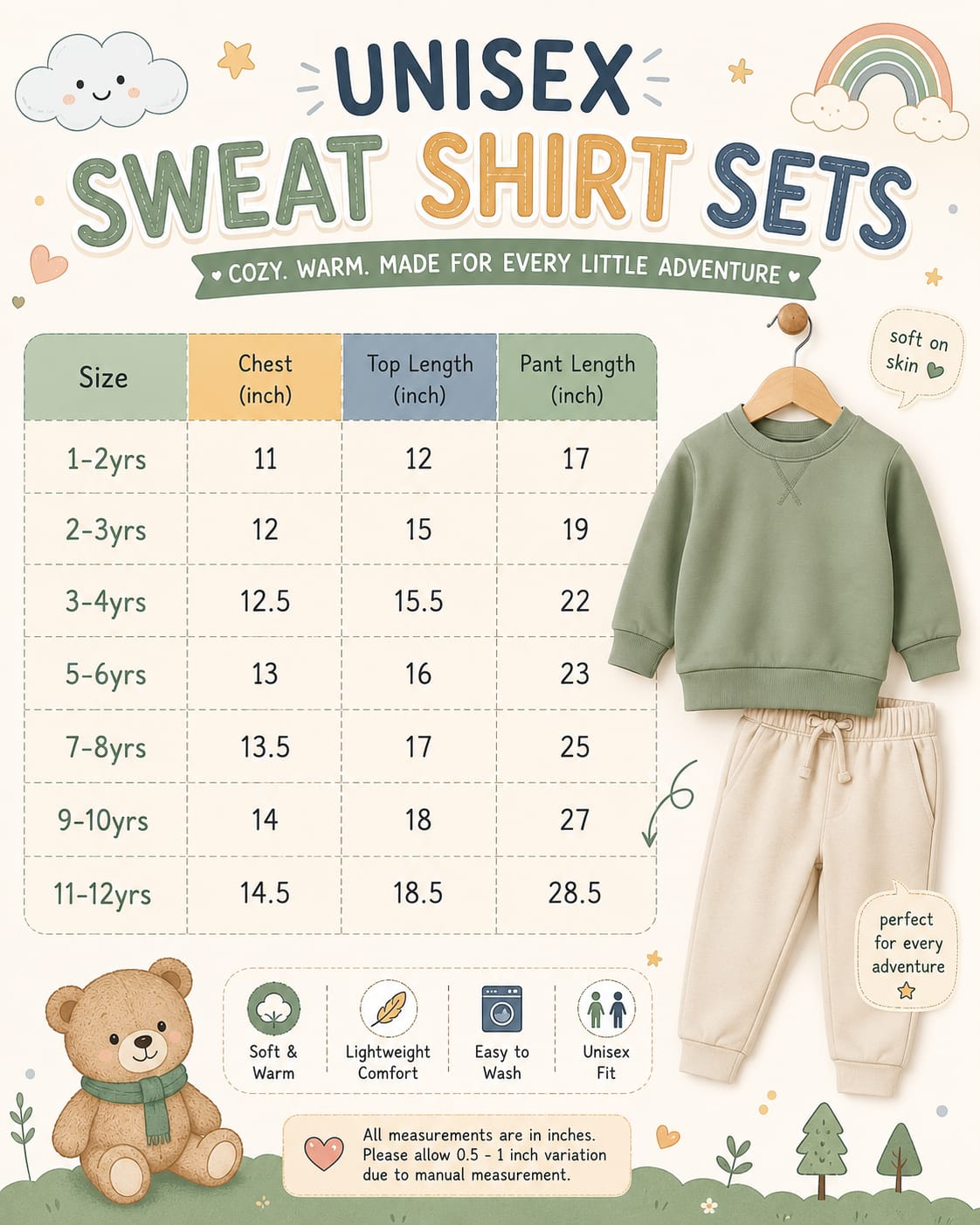 Unisex Sweat Shirts Sets for 1yr to 12yrs | Light Weight Fabric | For Mild Winters
