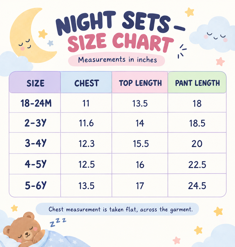 Size chart β Full Sleeve Ribbed Cotton unisex Night Sets (18m to 6yrs ) buy 3 for 999