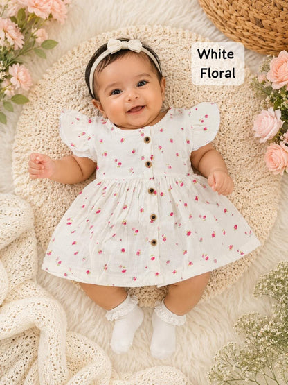 Baby Muslin full open button frocks (0-24 m), Soft & Comfortable