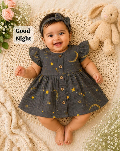 Baby Muslin full open button frocks (0-24 m), Soft & Comfortable