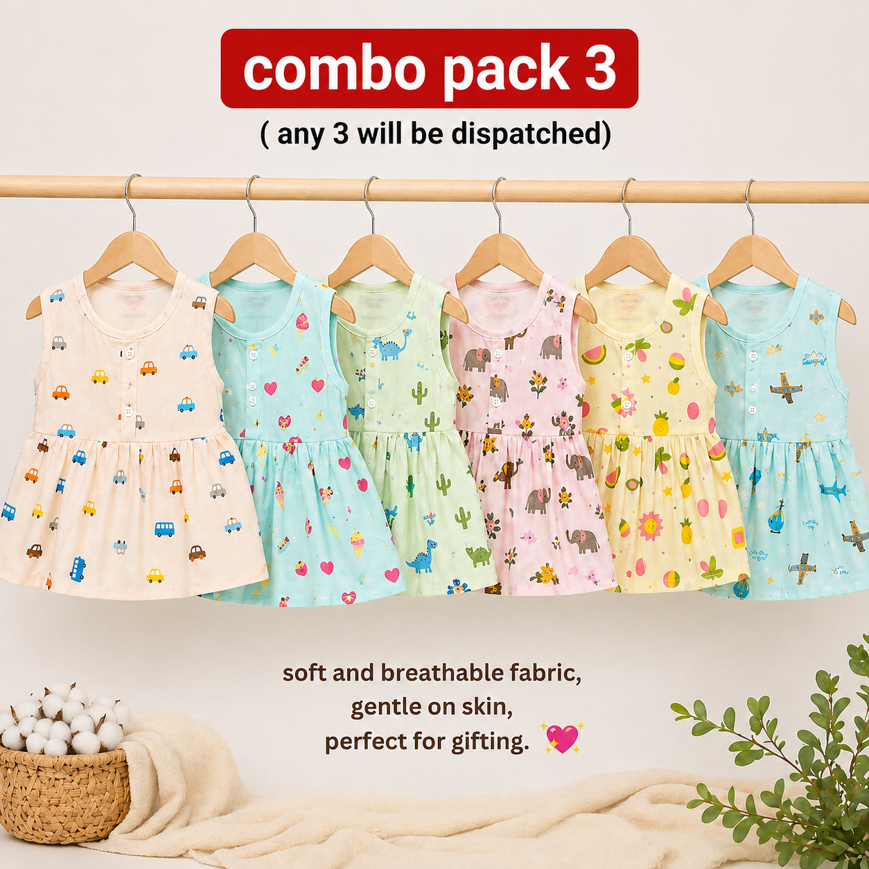 Muslin Sleeveless Frock - Pack of 3 (0-5M)