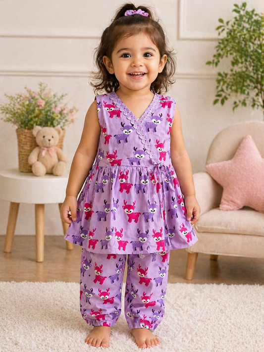 Little Deer Print Co-ord Set for Girls sleevless