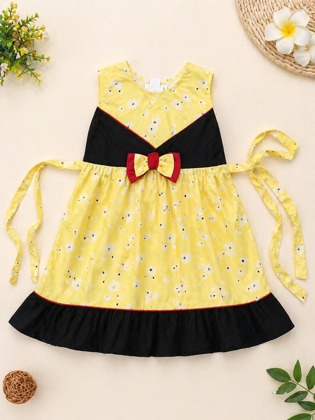 Baby Girl Sleeveless casual Frock | Yellow Floral Dress with Bow & Contrast Panel
