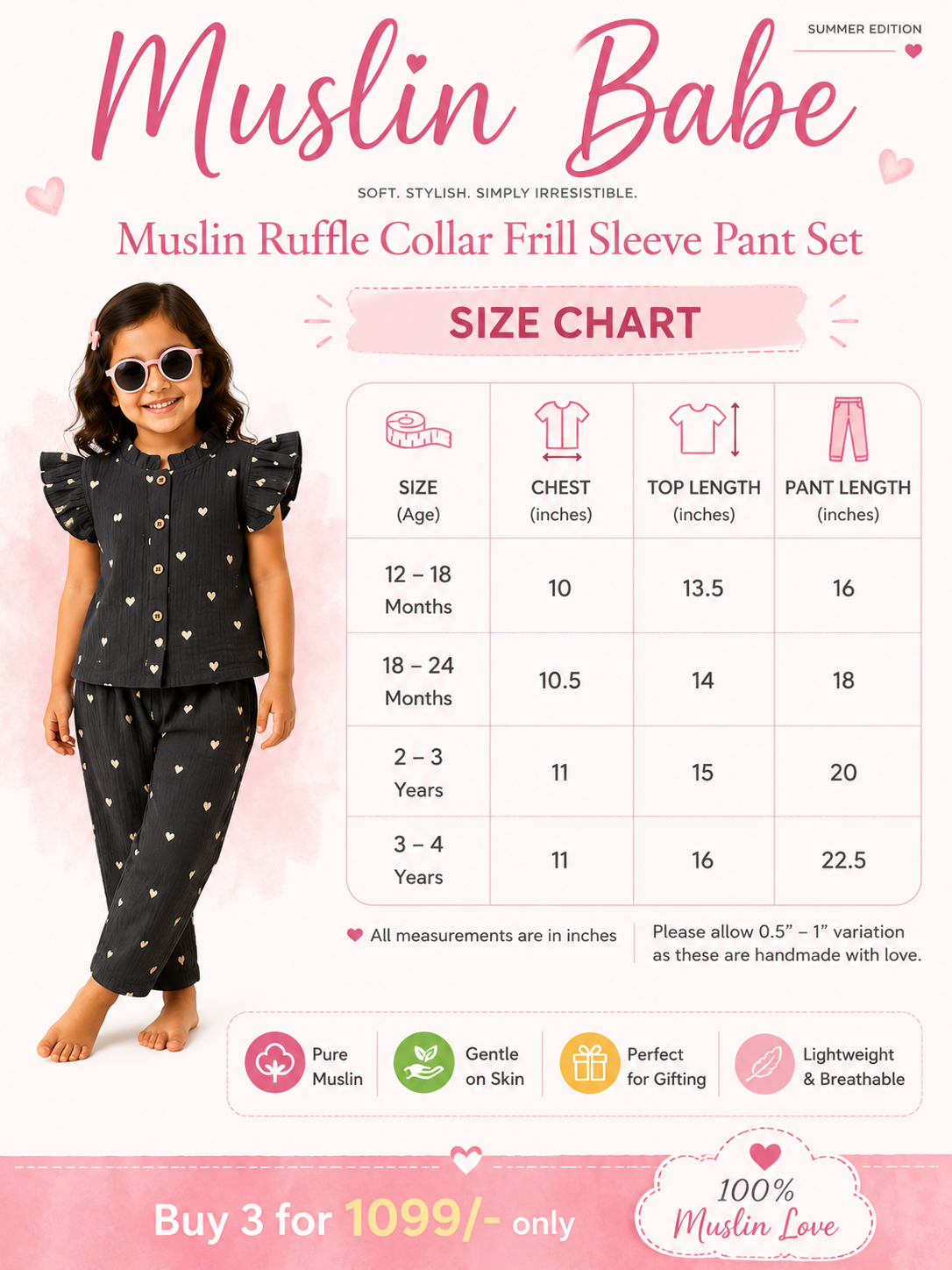 Muslin Ruffle Collar Frill Sleeve Pant Sets |1yr - 3yrs | Muslin Babe Edition