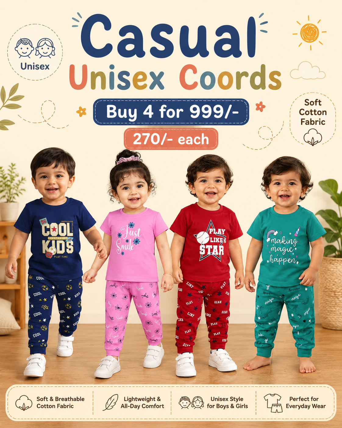 Casual Unisex Coords for 6m to 5yrs! Buy 4@999