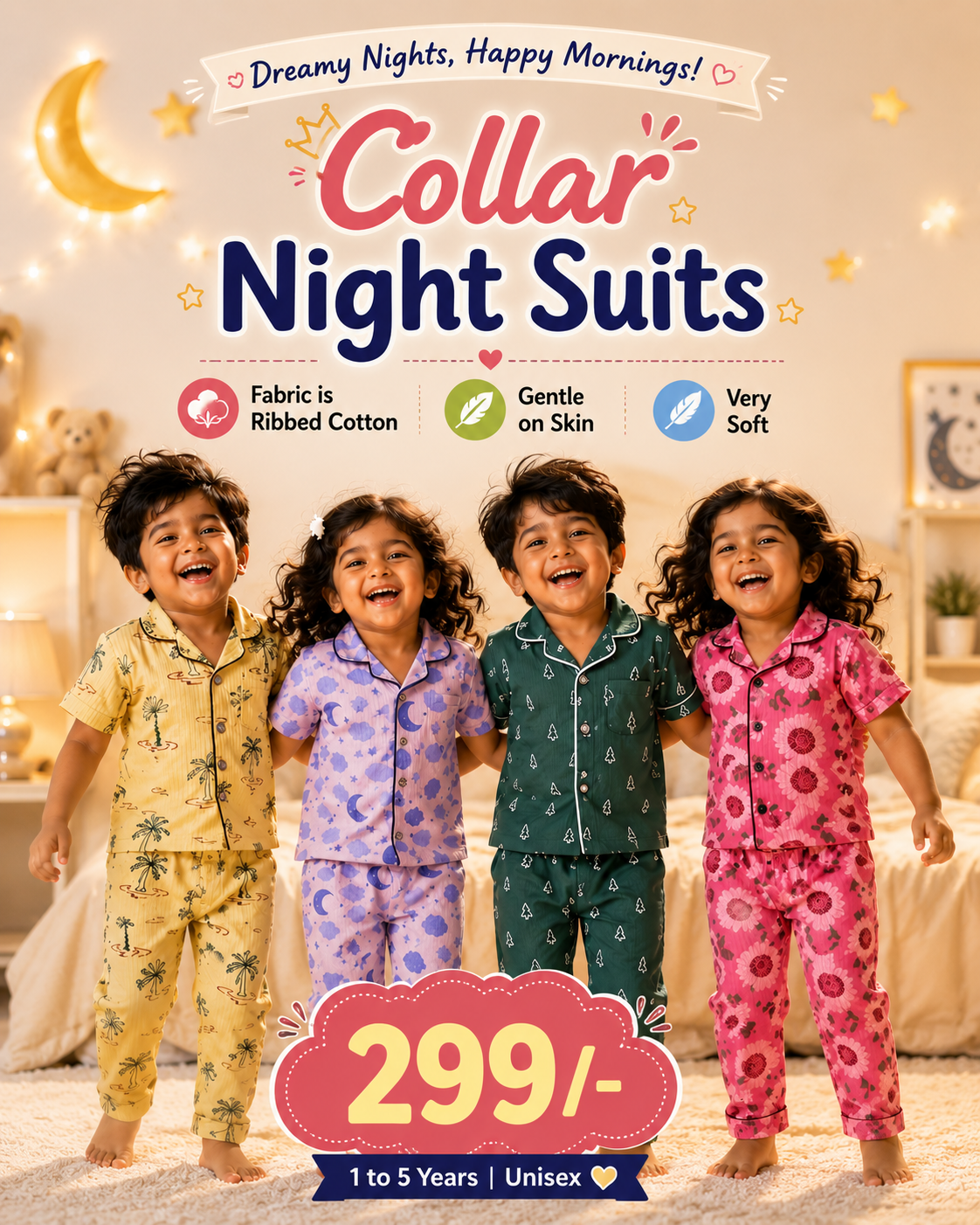 Ribbed Cotton Collar Night Suits | Soft and Cozy | 1y-3yrs