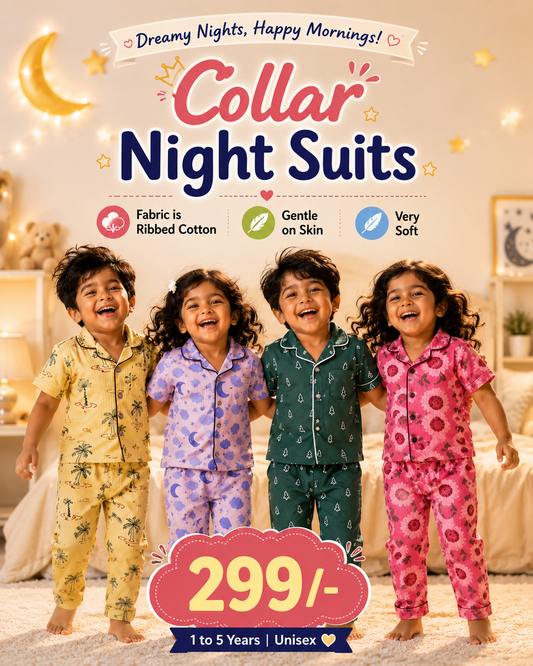 Ribbed Cotton Collar Night Suits | Soft and Cozy | 1y-3yrs