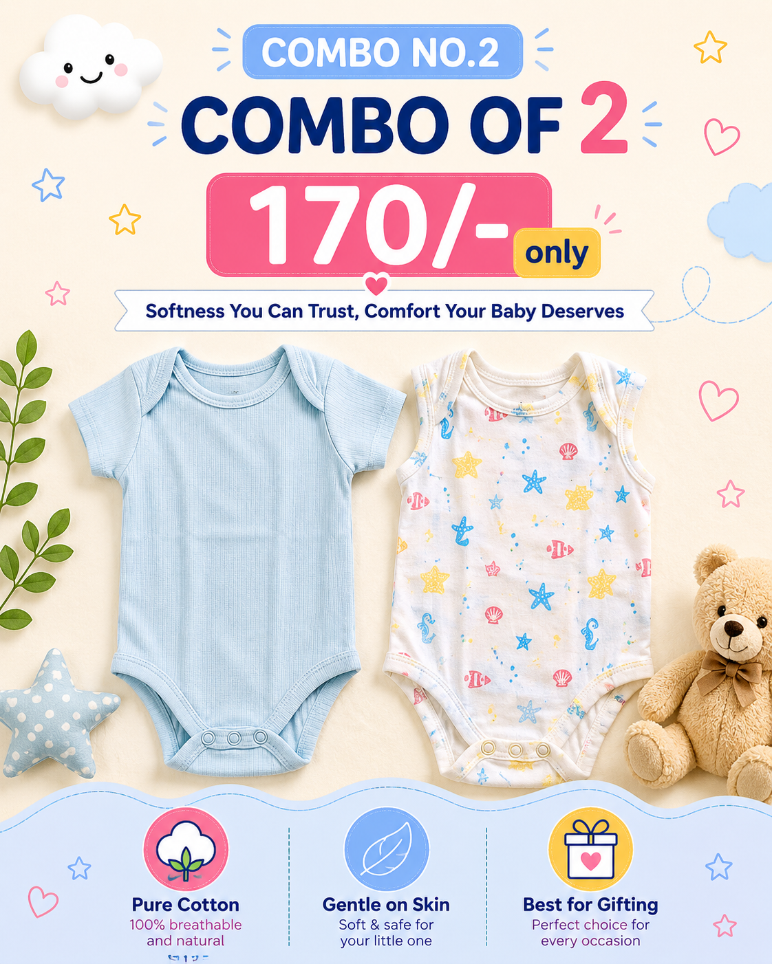 Premium Onesies for 1-6 months | Combo of 2 | Soft and Breathable