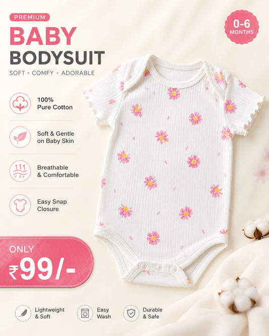 Premium Onesie in White Floral Print for 3m to 2yrs|  Soft and Breathable