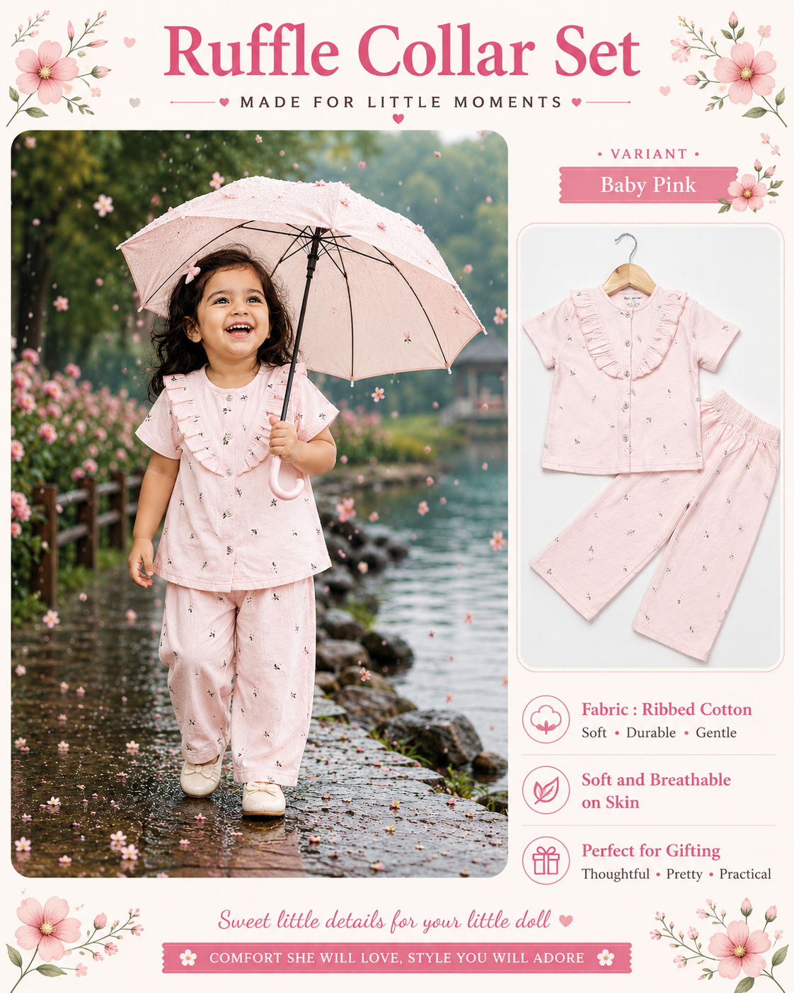 Ruffle Collar Sets for Girls| 1yr to 5yrs | Ribbed Cotton