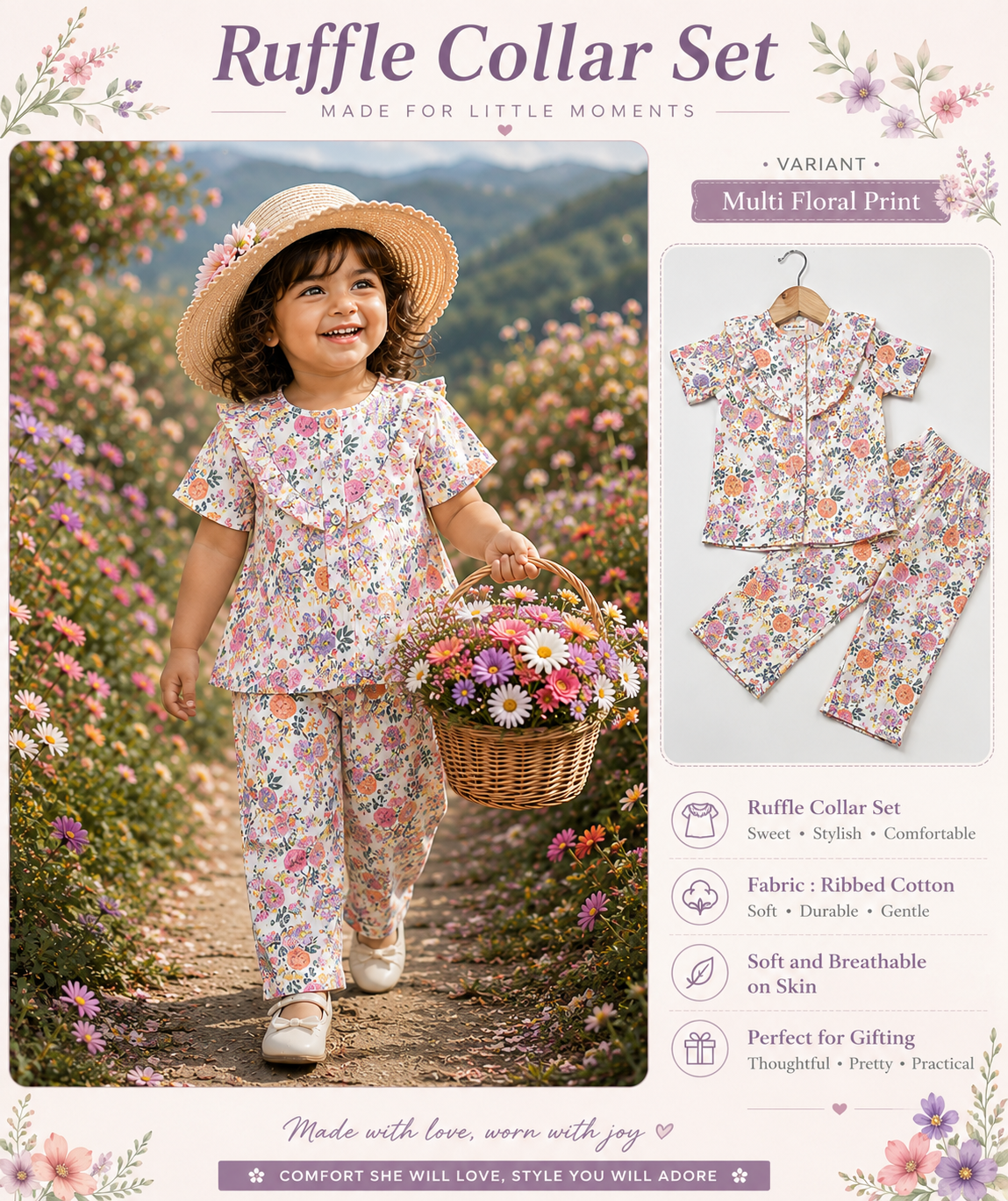 Ruffle Collar Sets for Girls| 1yr to 5yrs | Ribbed Cotton