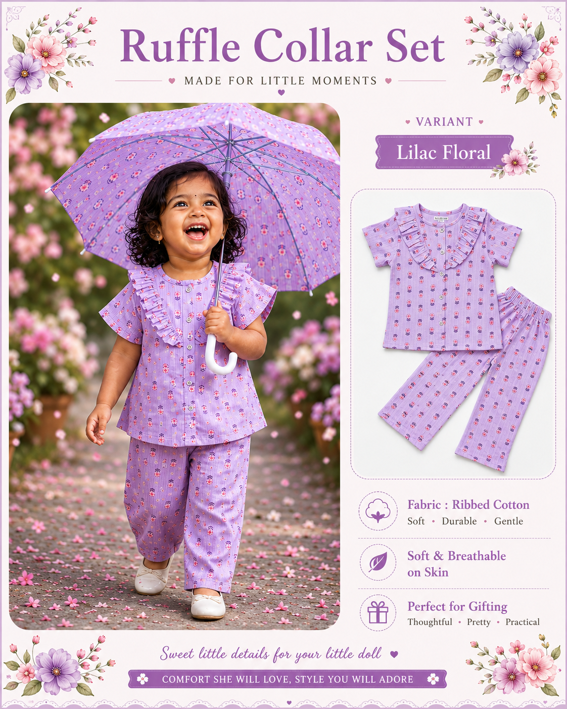 Ruffle Collar Sets for Girls| 1yr to 5yrs | Ribbed Cotton