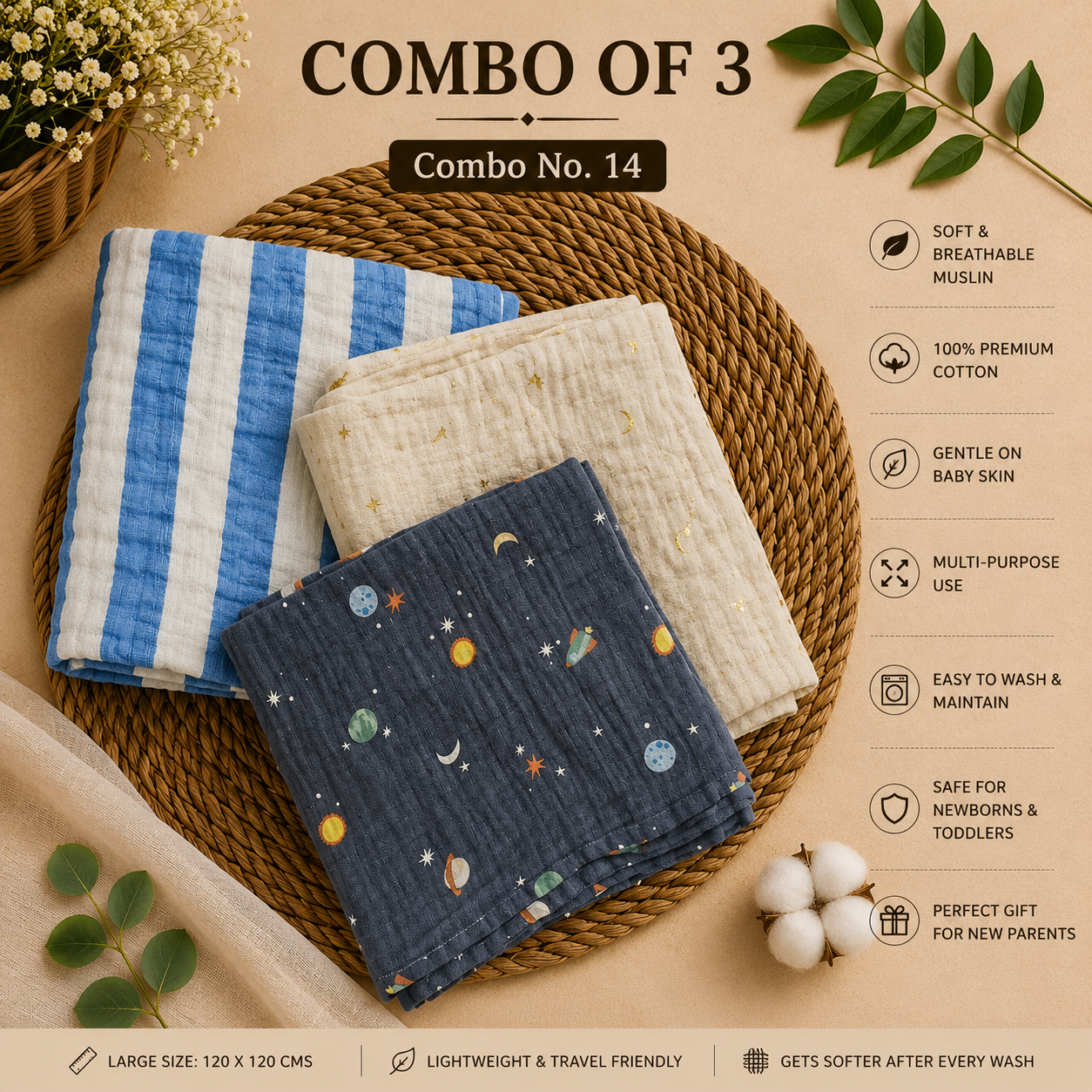 Pure Muslin Towels combo pack | swaddle 120*120cm