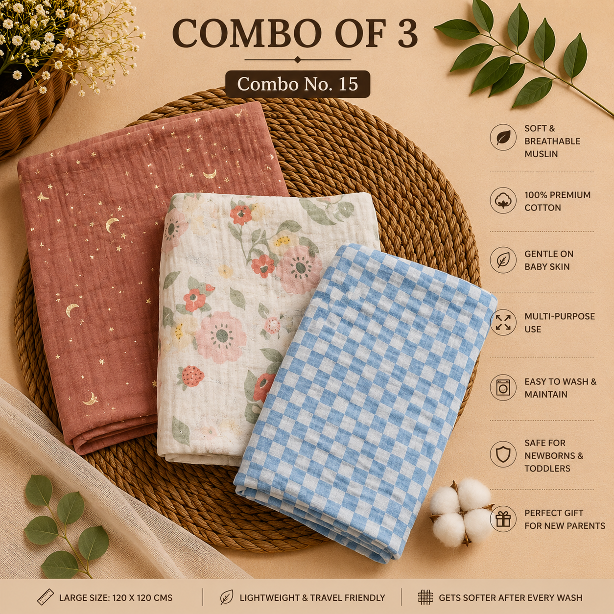 Pure Muslin Towels combo pack | swaddle 120*120cm