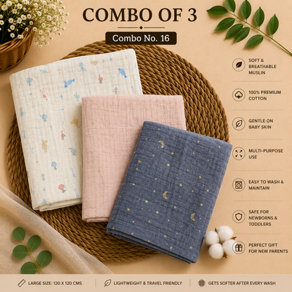 Pure Muslin Towels combo pack | swaddle 120*120cm