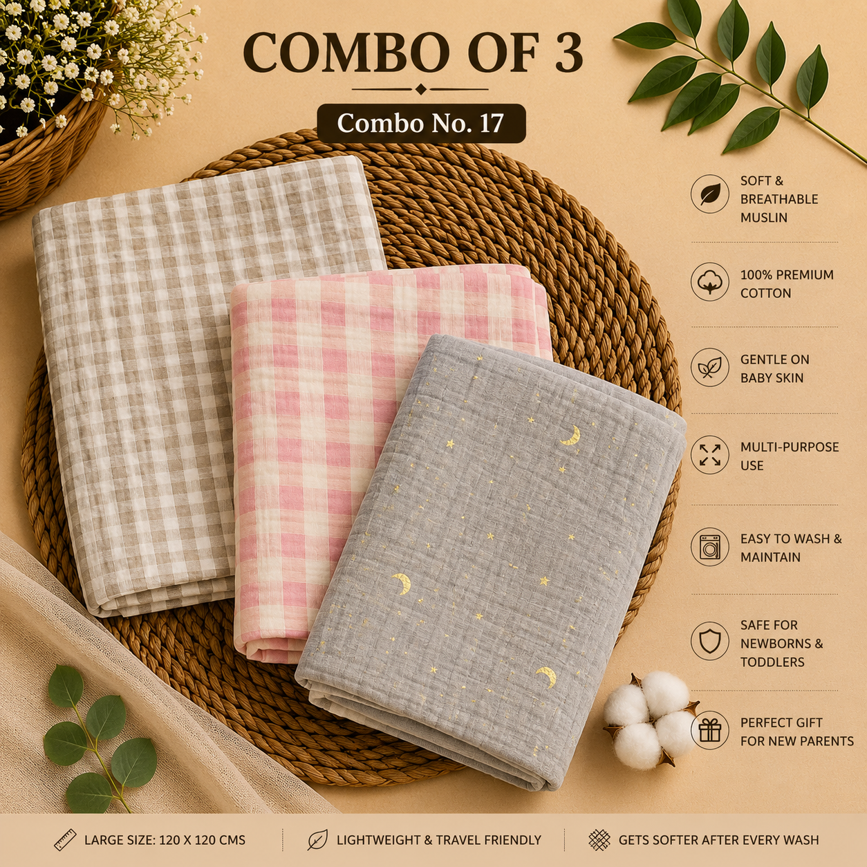 Pure Muslin Towels combo pack | swaddle 120*120cm