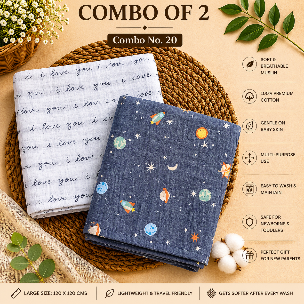 Pure Muslin Towels combo pack | swaddle 120*120cm