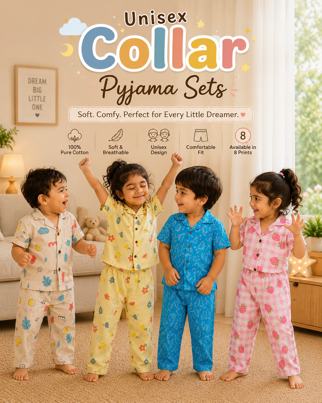 Unisex cotton Collar Pyjama Sets | 18m to 5yrs