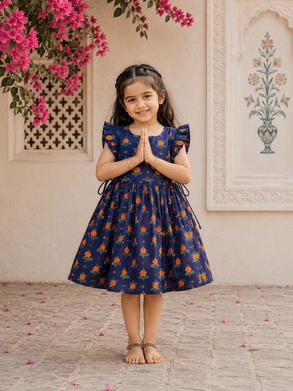 Cotton Frill Sleeve Frocks with Adjustable thread|1 to 9yrs| Orange Flower Bhuti Frock