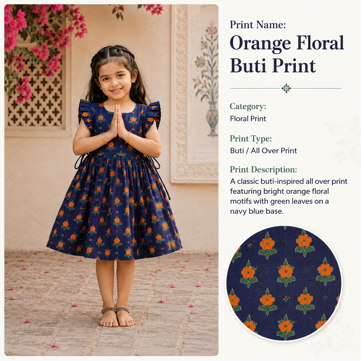 Cotton Frill Sleeve Frocks with Adjustable thread|1 to 9yrs| Orange Flower Bhuti Frock