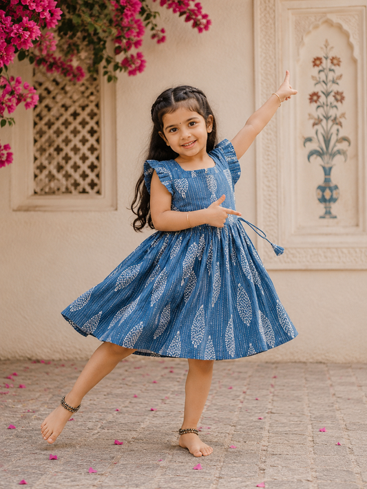 Cotton Frill Sleeve Frocks with Adjustable thread|1 to 9yrs|Blue Leaf Frock