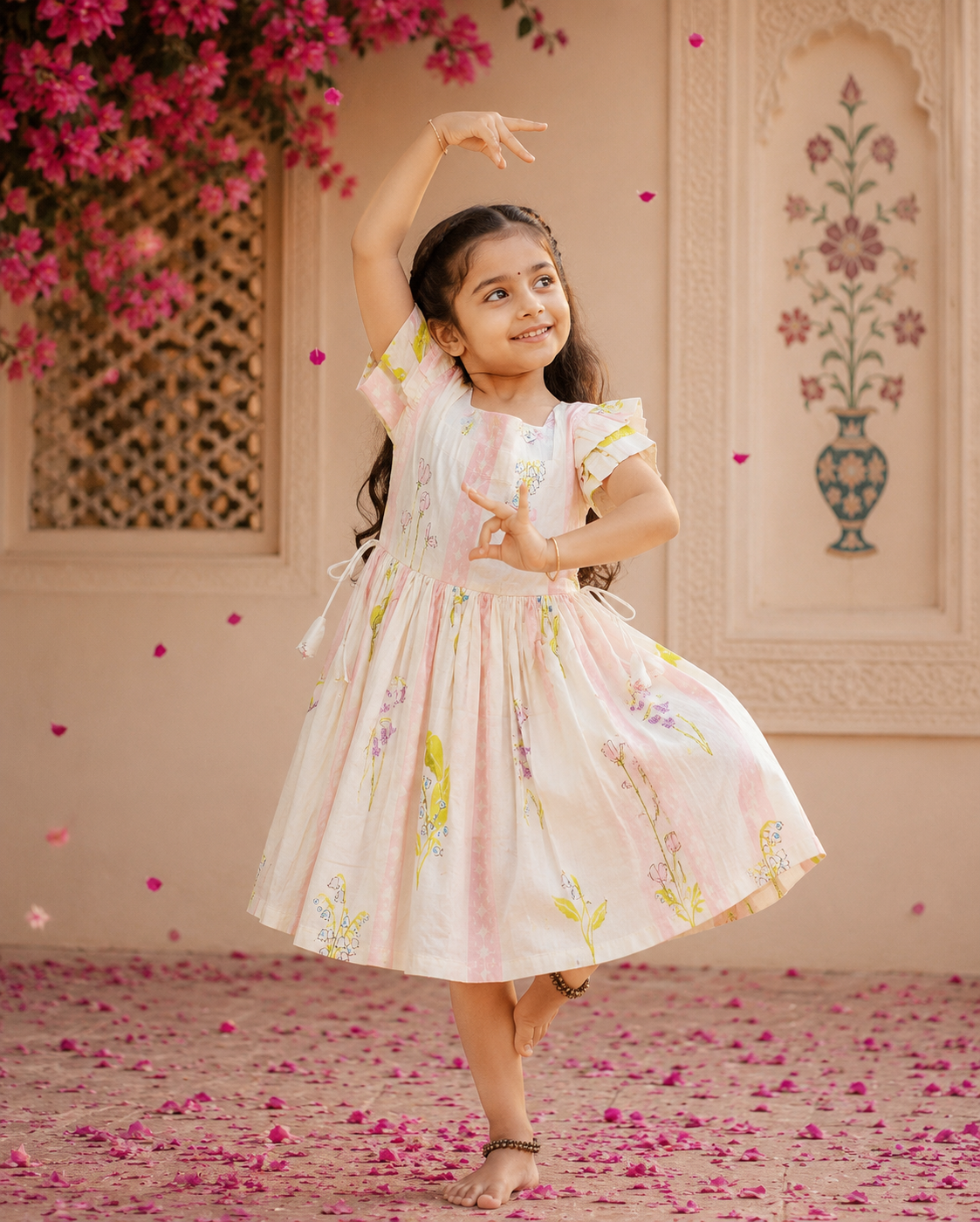 Cotton Frill Sleeve Frocks with Adjustable thread|1 to 9yrs| White garden