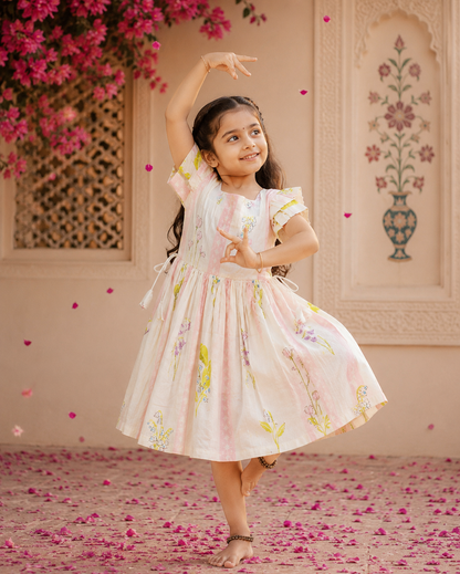 Cotton Frill Sleeve Frocks with Adjustable thread|1 to 9yrs| White garden