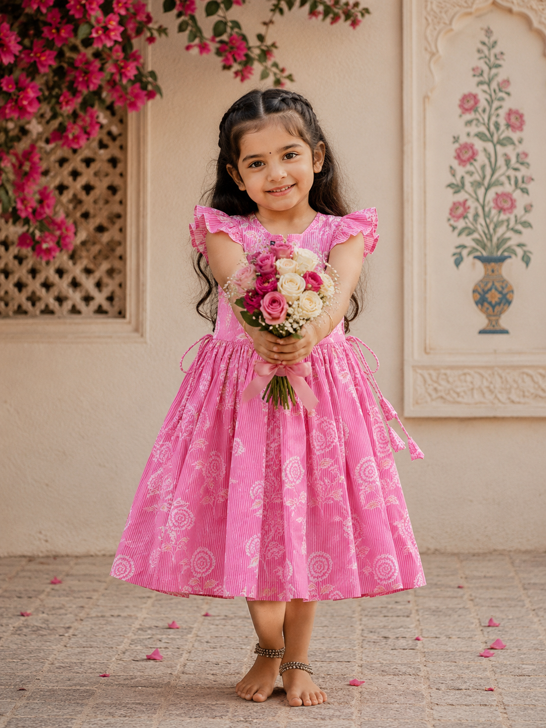 Cotton Frill Sleeve Frocks with Adjustable thread|1 to 9yrs| Pink Roses Frock