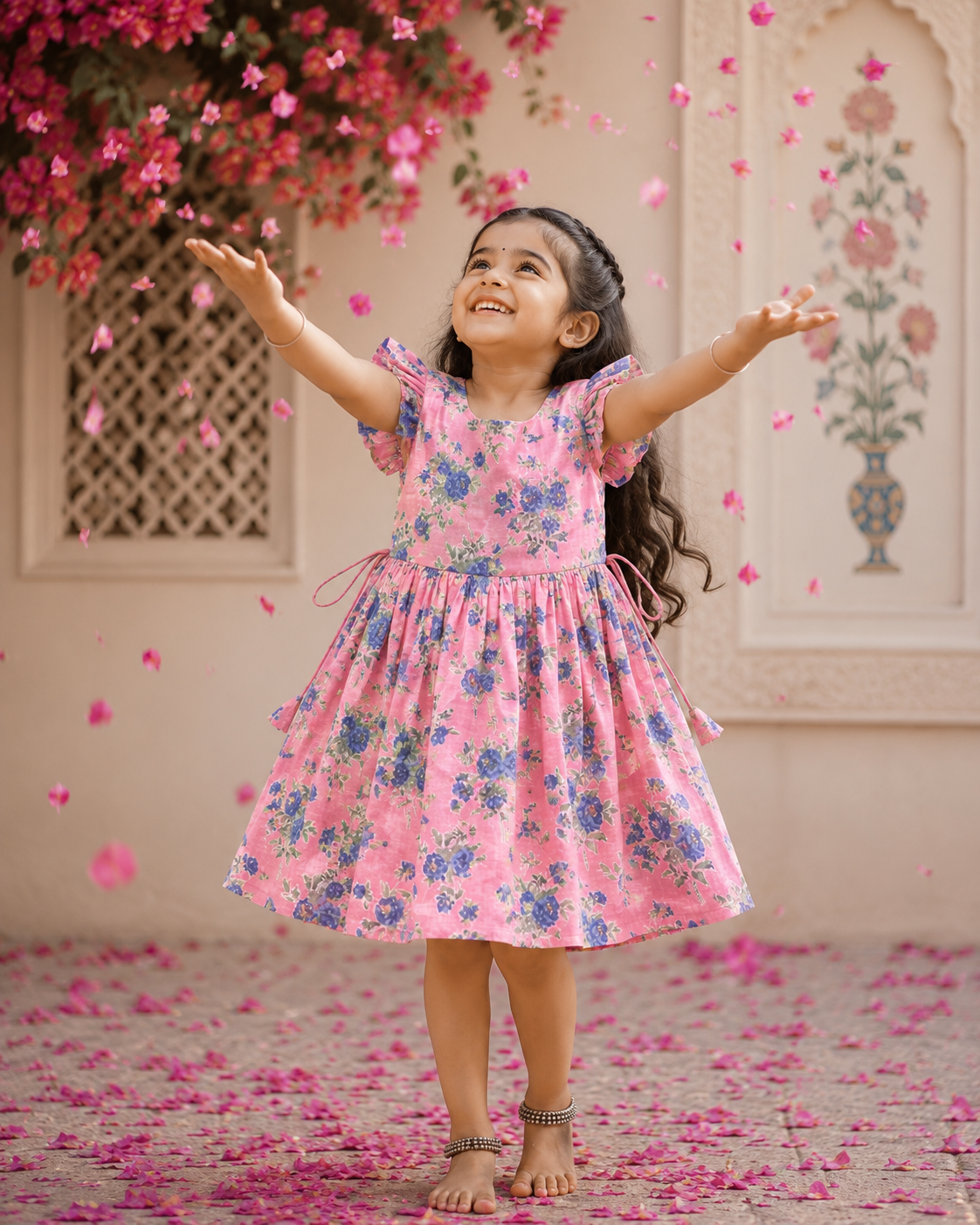Cotton Frill Sleeve Frocks with Adjustable thread|1 to 9yrs| Pink & Blue Blossom Frock