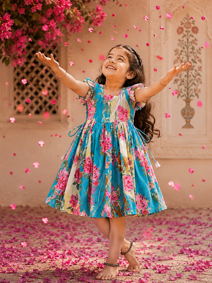 Cotton Frill Sleeve Frocks with Adjustable thread|1 to 9yrs| Blue Floral Frock