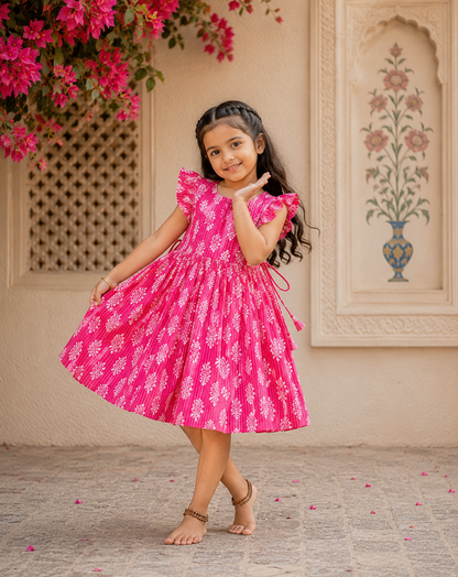 Cotton Frill Sleeve Frocks with Adjustable thread|1 to 9yrs| Pink Leaf Bhuti Frock