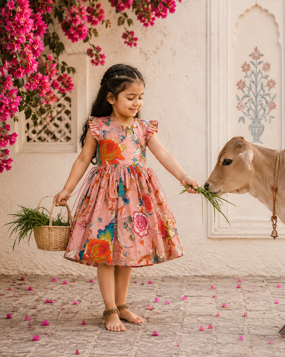 Cotton Frill Sleeve Frocks with Adjustable thread|1 to 9yrs| Pink Garden Frock
