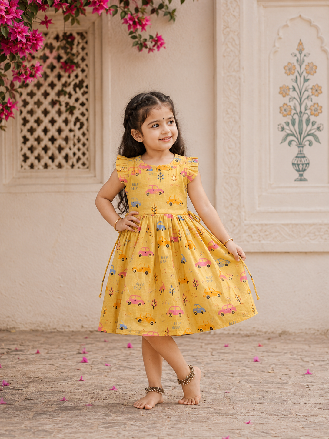Cotton Frill Sleeve Frocks with Adjustable thread|1 to 9yrs| Playful Car Print