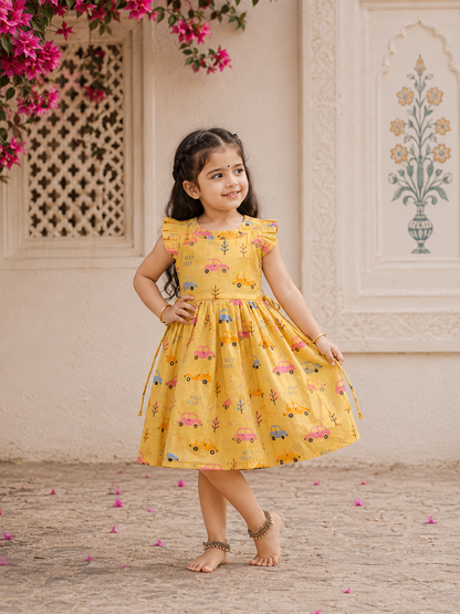 Cotton Frill Sleeve Frocks with Adjustable thread|1 to 9yrs| Playful Car Print