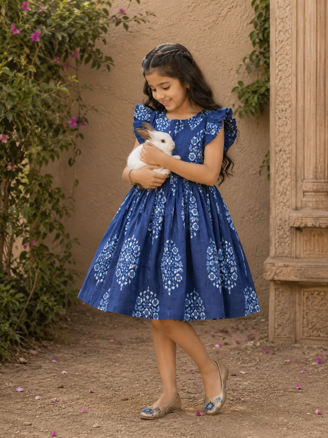 Cotton Frill Sleeve Frocks with Adjustable thread|1 to 9yrs| Indigo Bloom